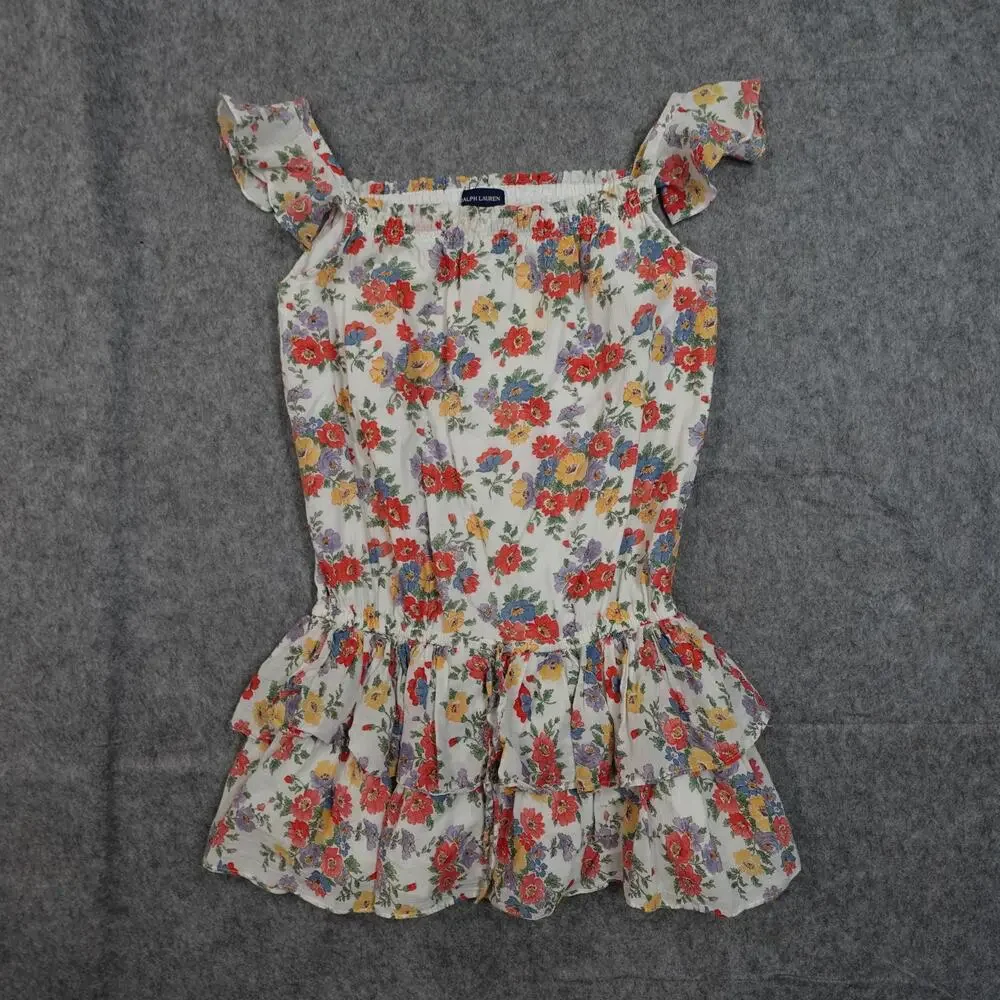 Ralph Lauren Dress Girls 10 Floral Ruffle Mini Flutter Sleeve